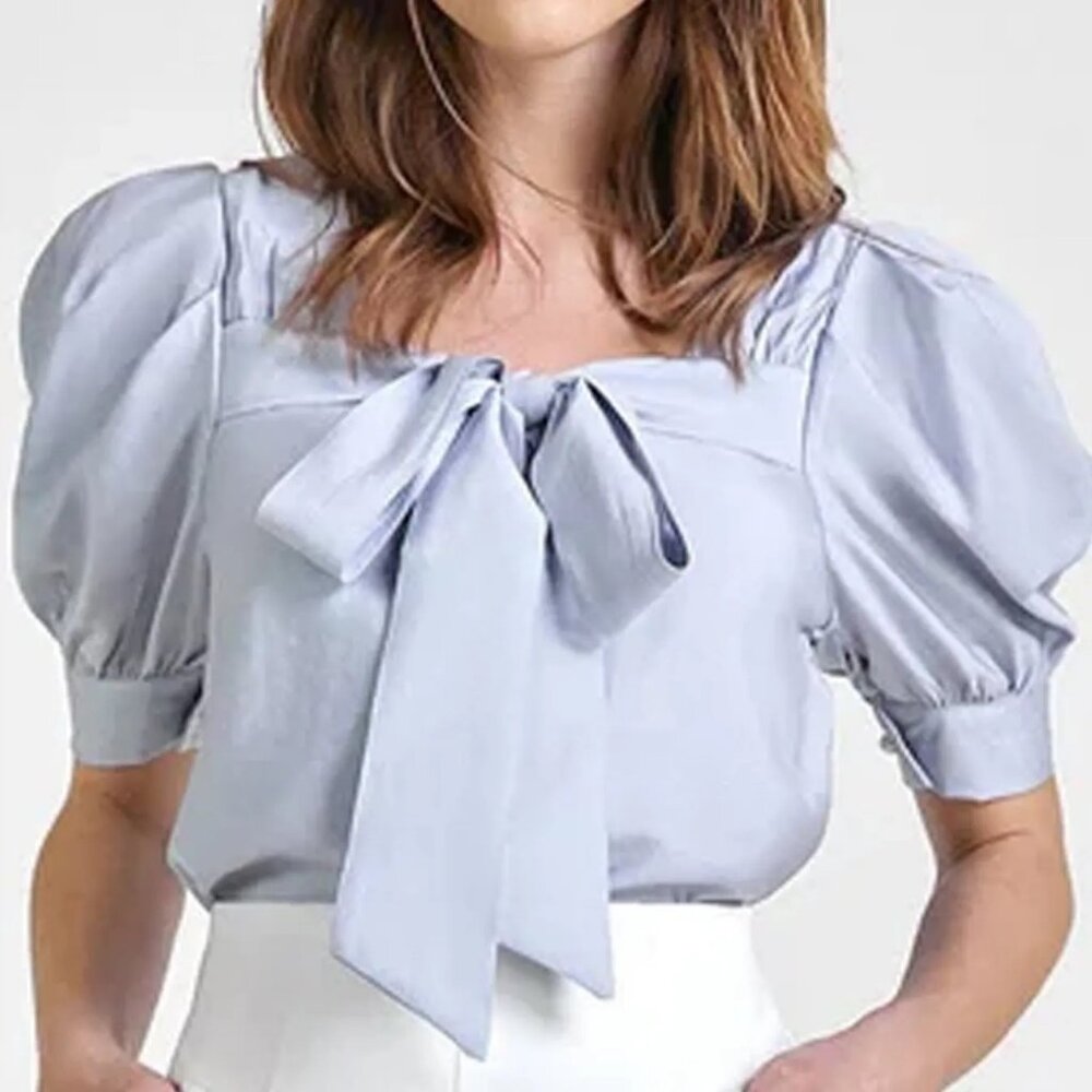 NWT J.ING Light Steel Blue Tie Detail Puff Sleeve Blouse